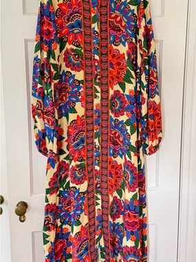 FARM Rio Cream Maxi Dress with Vibrant Red, Blue, Green and Pink Floral Print